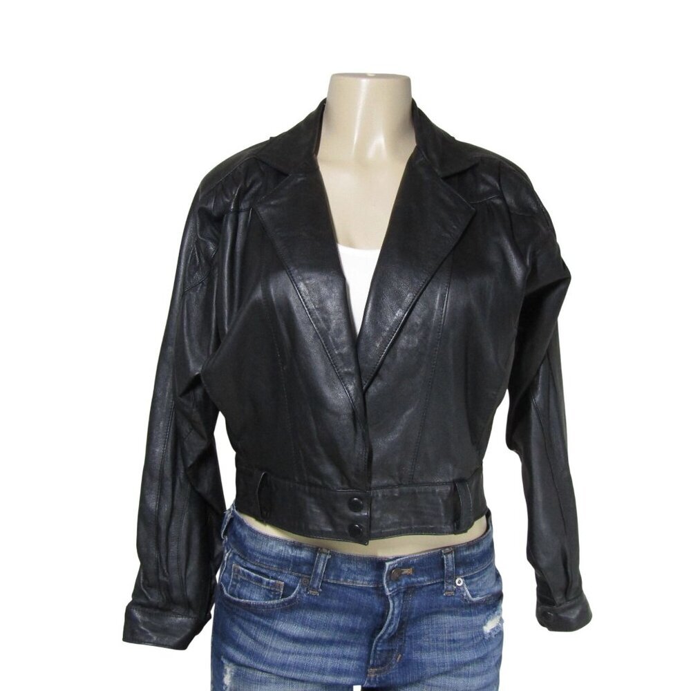 VTG Black Leather Butter Soft Cropped Biker Retro Batwing Motorcycle Jacket M